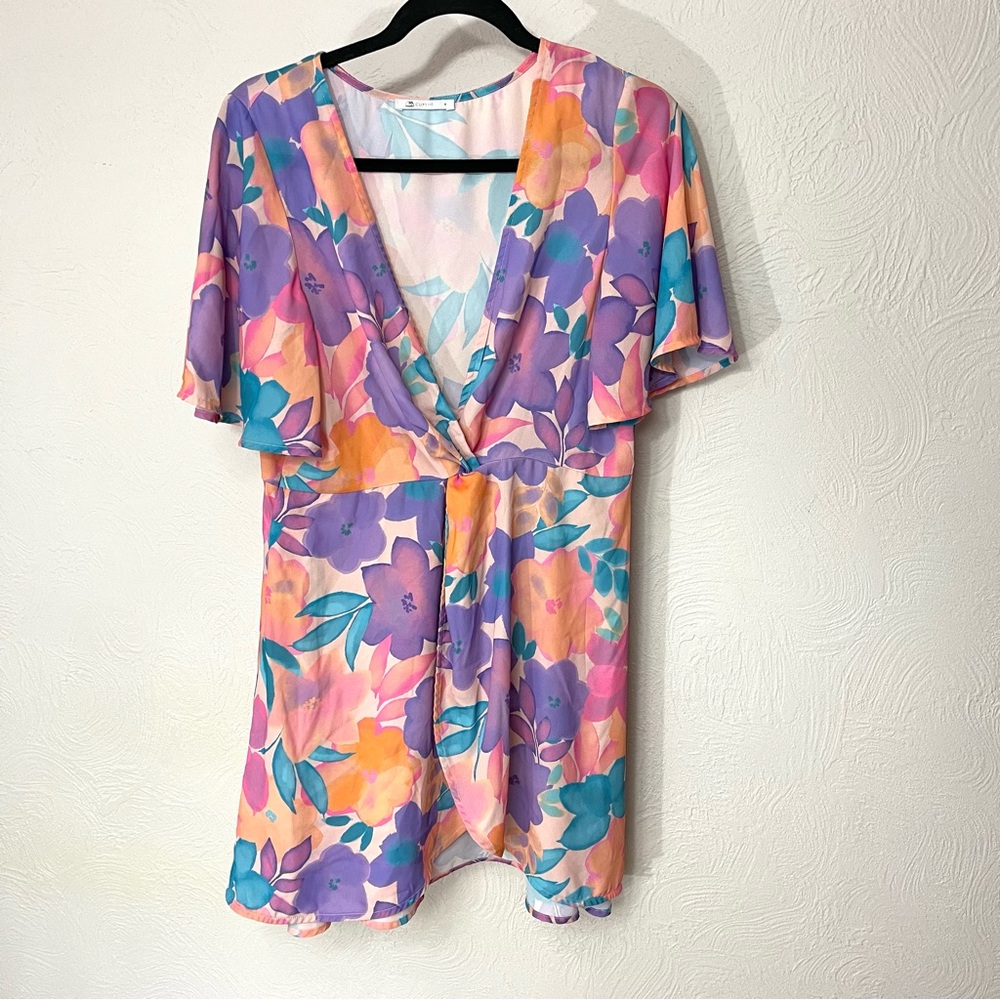 Cupshe Purple and Pink Flutter Sleeve Asymmetrical Swim Coverup